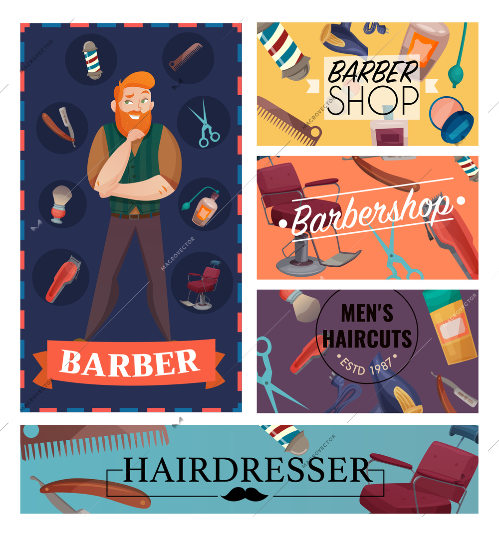 Barber shop cartoon cards with master and professional accessories for shaving and hair cuts isolated vector illustration