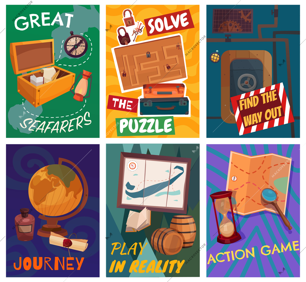 Quest game reality cards set, solving puzzle, find way out, journey, great seafarers isolated vector illustration