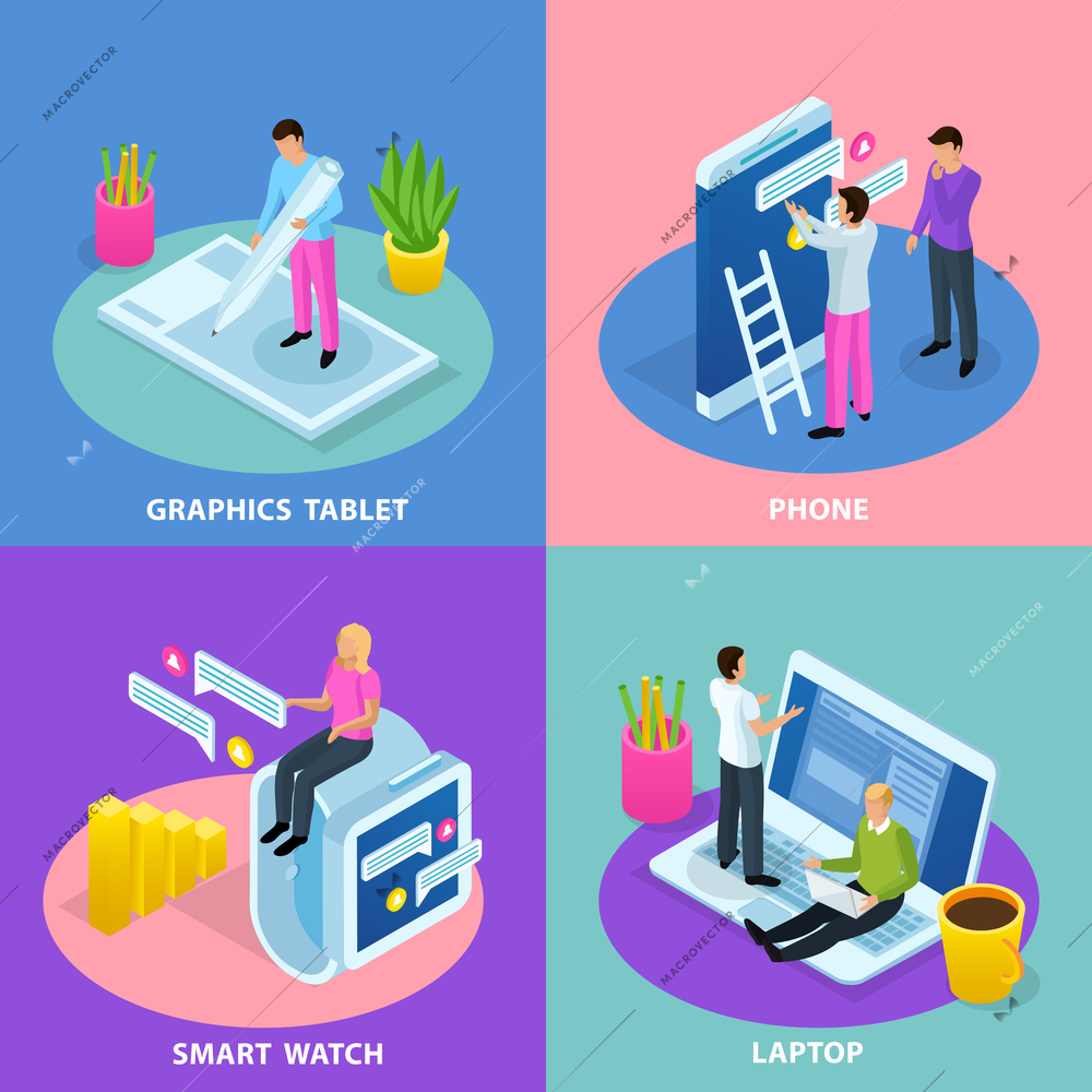 People and interfaces isometric 2x2 design concept with conceptual compositions of gadgets and little people characters vector illustration