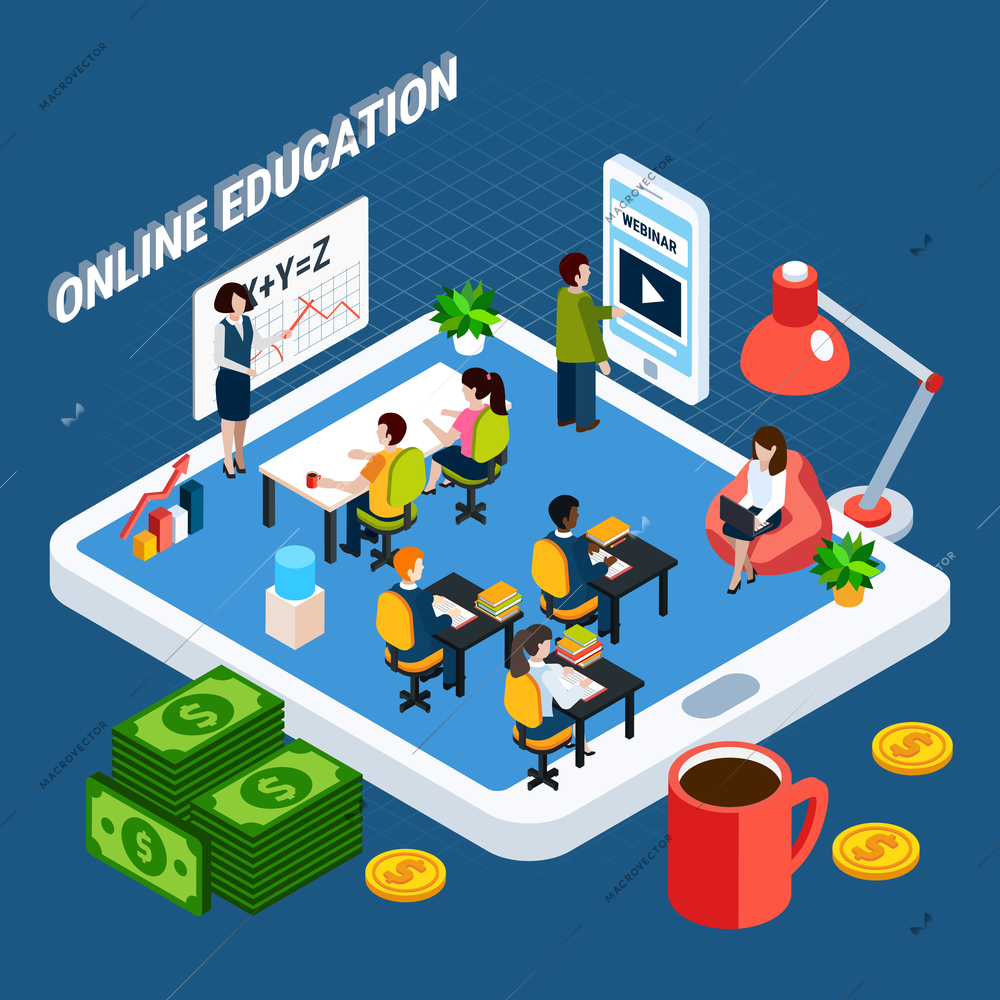 Isometric webinar composition with online education headline and students in the classroom vector illustration