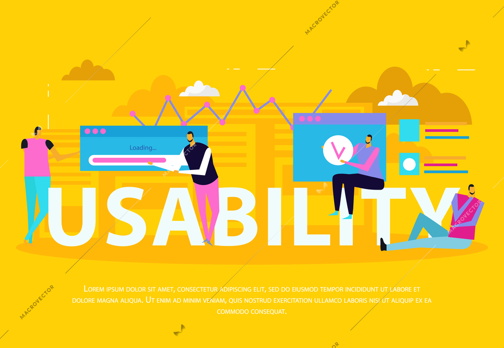 People and interfaces flat background with images of application windows cloud silhouettes and human characters with text vector illustration