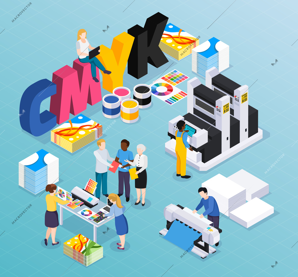 Advertising agency printing house isometric composition with customers designers workers producing colorful press ads material vector illustration