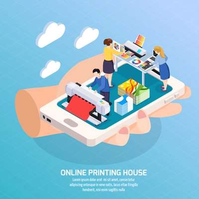 Advertising agency online isometric composition with printing house on smartphone screen in human hand poster vector illustration