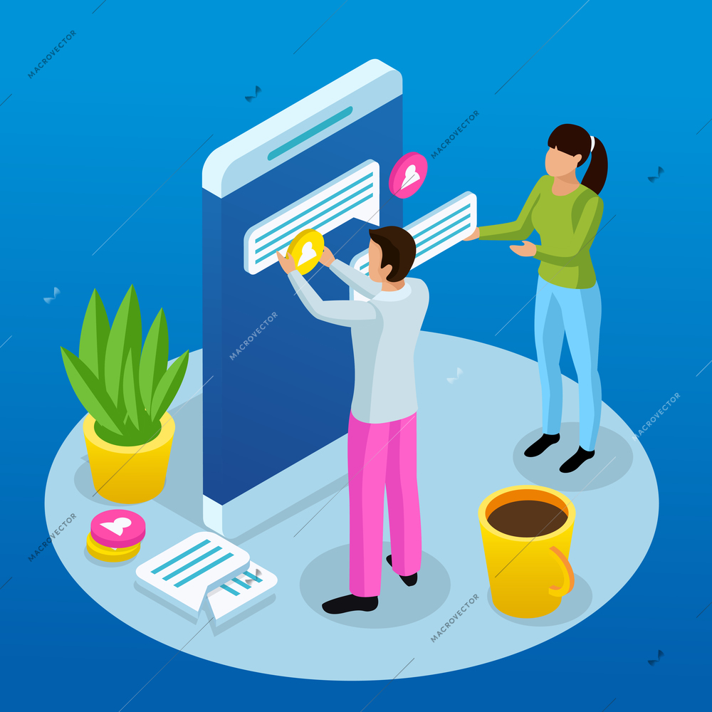 People and interfaces isometric conceptual composition with human characters mounting messaging app elements onto smartphone screen vector illustration
