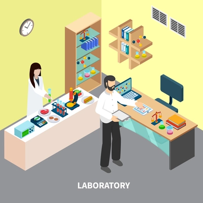 Laboratory staff with equipment during checking food from restaurant isometric composition vector illustration