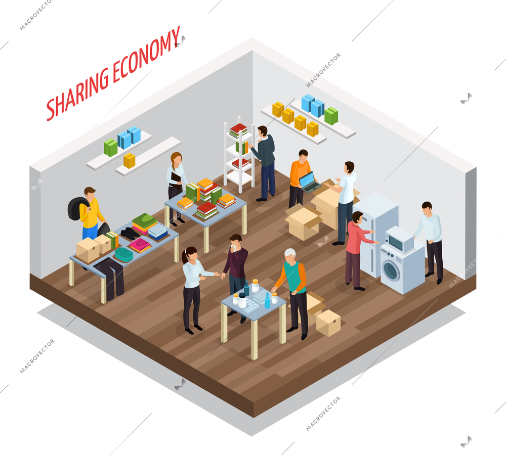 Sharing economy isometric composition with view of room with goods and private belongings for gratuitous transfer vector illustration