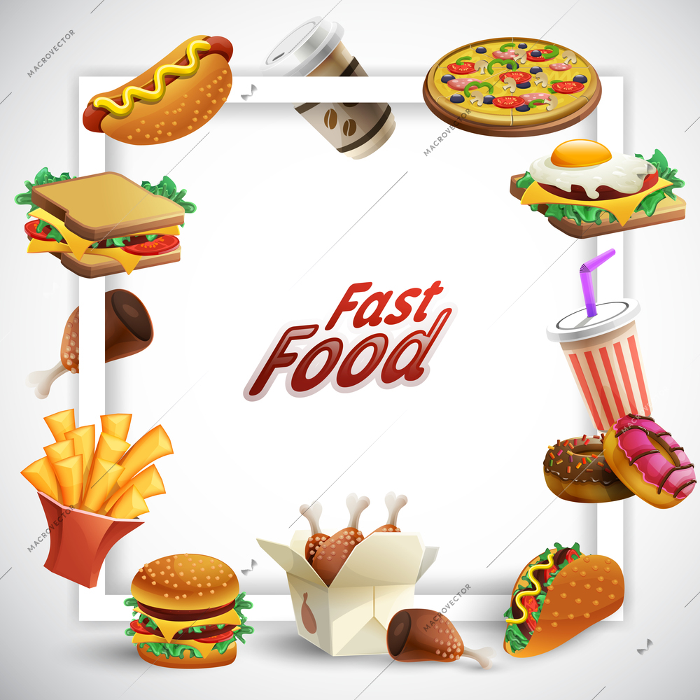 Cartoon frame with various fast food and drinks on white background vector illustration