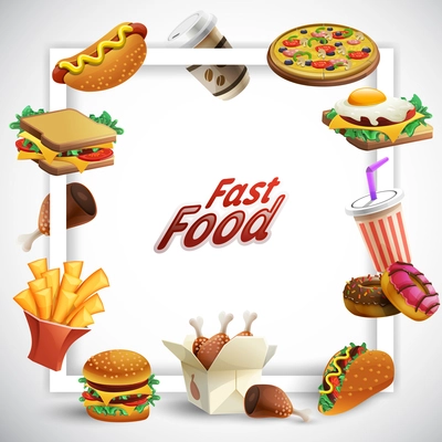 Cartoon frame with various fast food and drinks on white background vector illustration