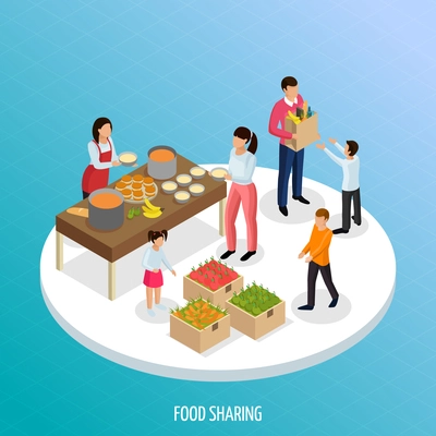 Sharing economy isometric background with view of ripe fruits and ready food for sharing with people vector illustration