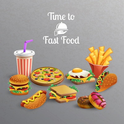 Fast food meal with burgers donuts sandwiches pizza french fries drink on grey background cartoon vector illustration