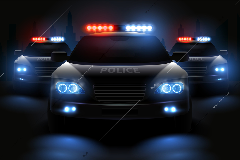 Car led lights realistic composition with images of police patrol wagons with dimmed headlights and light bars vector illustration