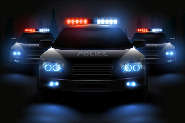 Car led lights realistic composition with images of police patrol wagons with dimmed headlights and light bars vector illustration