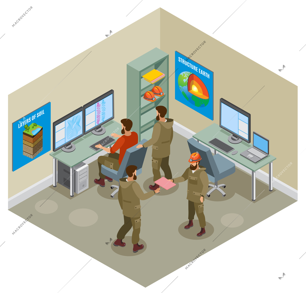 Earth research, geological laboratory with scientists, computers, educational placards on walls isometric composition vector illustration