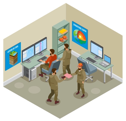 Earth research, geological laboratory with scientists, computers, educational placards on walls isometric composition vector illustration