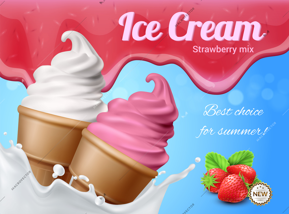 Ice cream realistic advertising composition with editable text and images of two icecream cornets with berries vector illustration