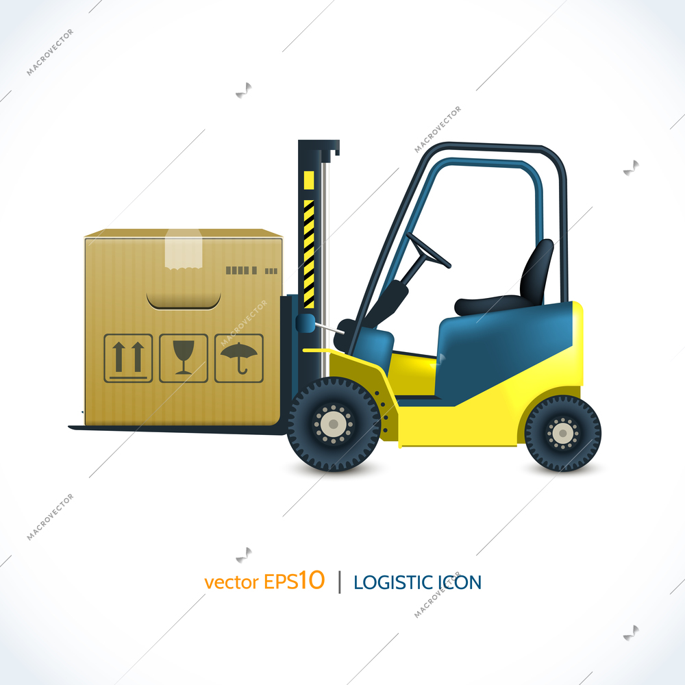 Logistic shipping realistic forklift loader with cardboard box  isolated on white vector illustration