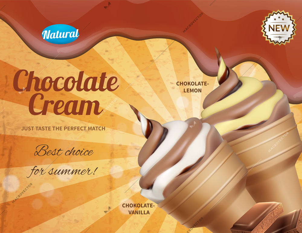 Ice cream realistic advertising composition with portions of icecream cornet and ornate text available for editing vector illustration