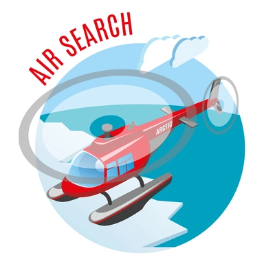 Search from air round isometric composition with helicopter above polar ice and arctic ocean vector illustration