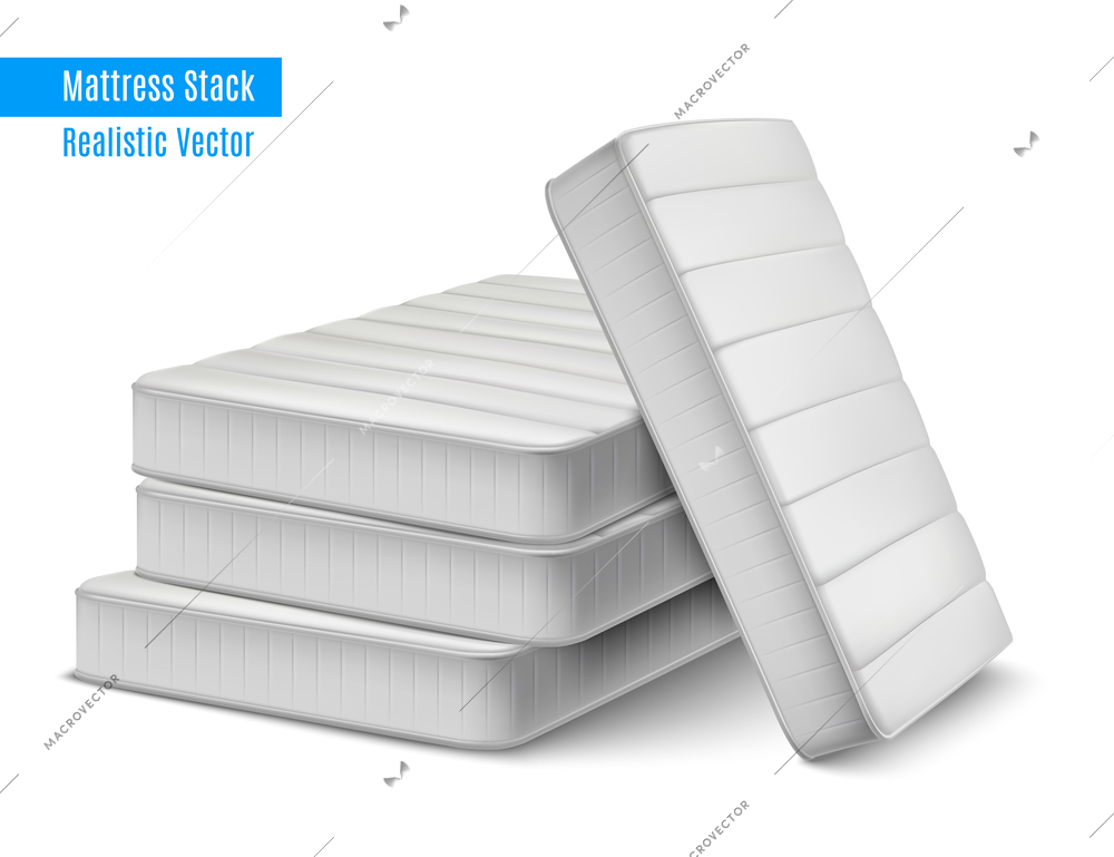 Mattress stack realistic composition with pile of white high quality sleeping mattresses with editable text vector illustration