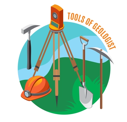 Geological tools measuring device, helmet, shovel, hammer and pick, isometric composition on blue green background, vector illustration