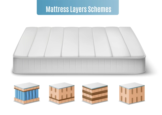 Mattress layers composition with realistic images of mattress and colourful cubic form pieces of bat stuffing vector illustration