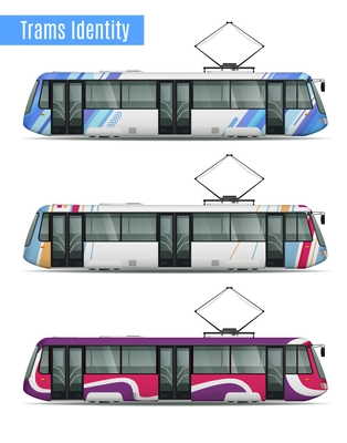 Passenger tram train realistic mockup set of three similar tram cars with different livery coloring patterns vector illustration