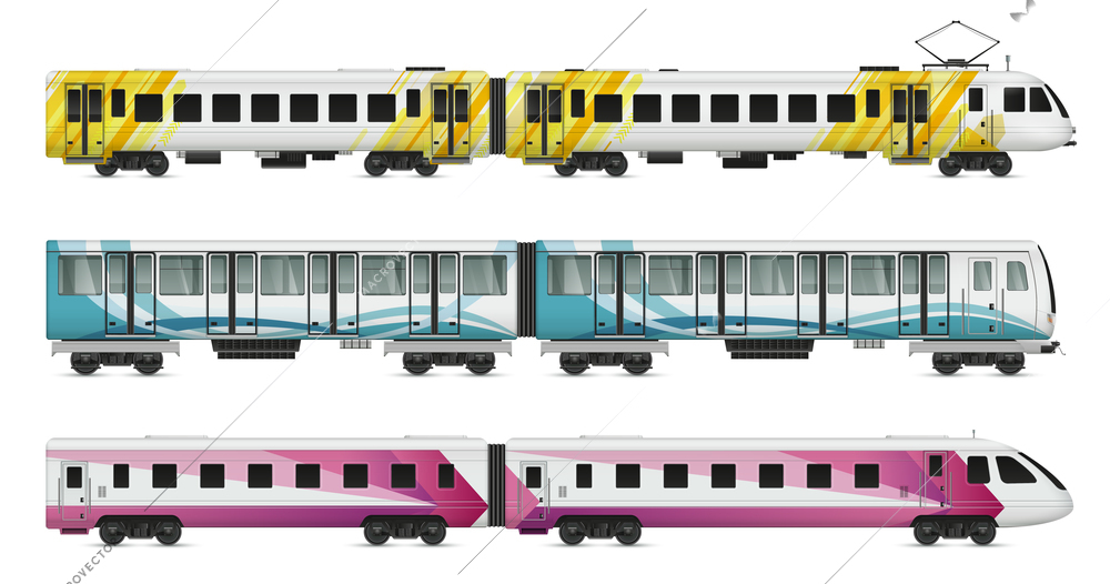 Passenger tram train realistic mockup set of suburban underground metropolitan and intercity trains on blank background vector illustration