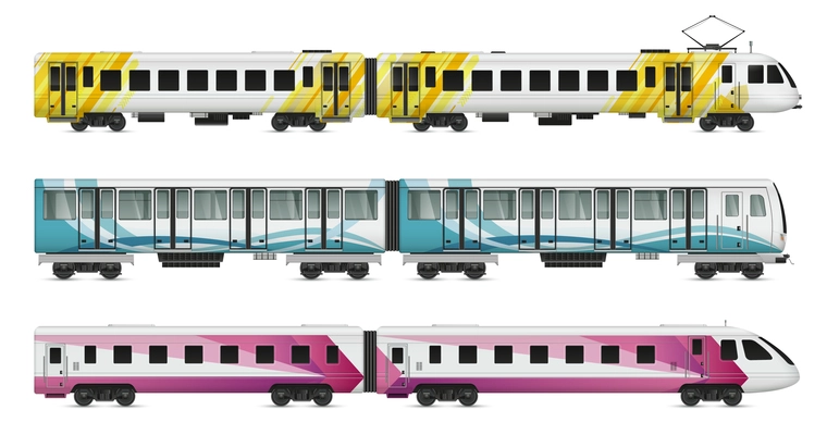 Passenger tram train realistic mockup set of suburban underground metropolitan and intercity trains on blank background vector illustration