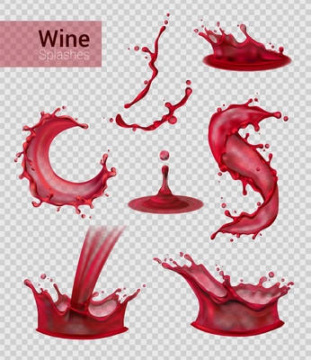 Wine splash realistic set of isolated sprays of liquid red wine with drops on transparent background vector illustration