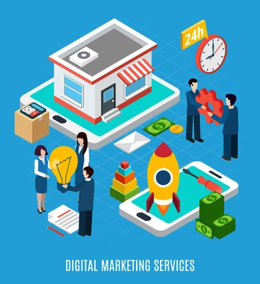 Isometric concept with 24 hours online digital marketing services on blue background 3d vector illustration