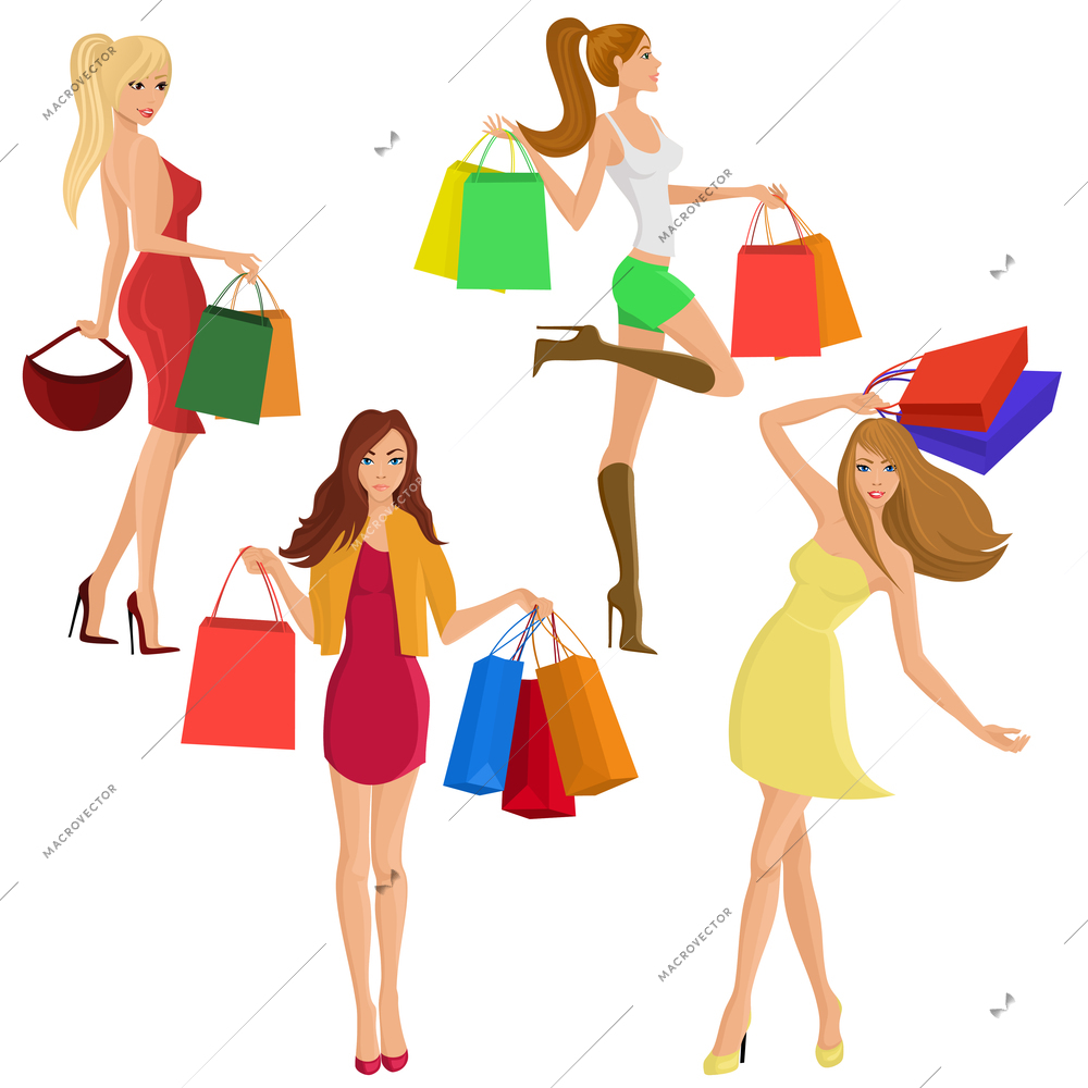 Shopping girl young sexy female figures with sale fashion bags isolated vector illustration