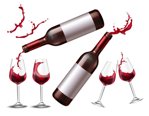 Wine splash set with realistic isolated images of drinking glasses and bottles with red wine spray vector illustration