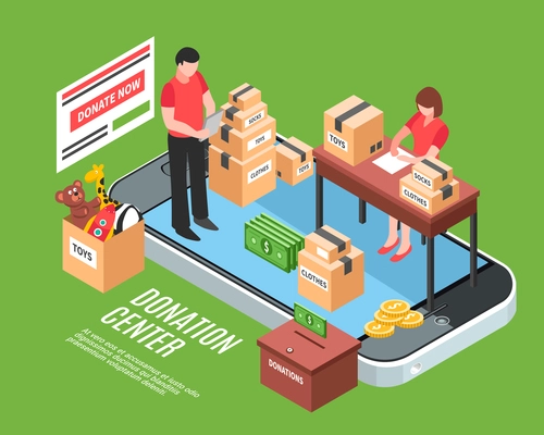 Donation center isometric composition with office employees sorting cardboard boxes of charitable gifts for needy children vector illustration