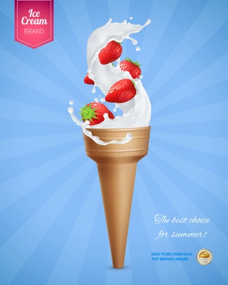 Ice cream realistic advertising composition with icecream cornet and strawberry berries with editable text and logo vector illustration