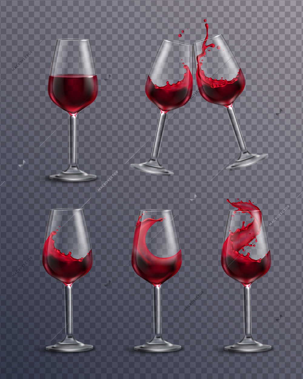 Wine splash glass realistic transparent collection of isolated drinking glasses filled with red wine and clang vector illustration