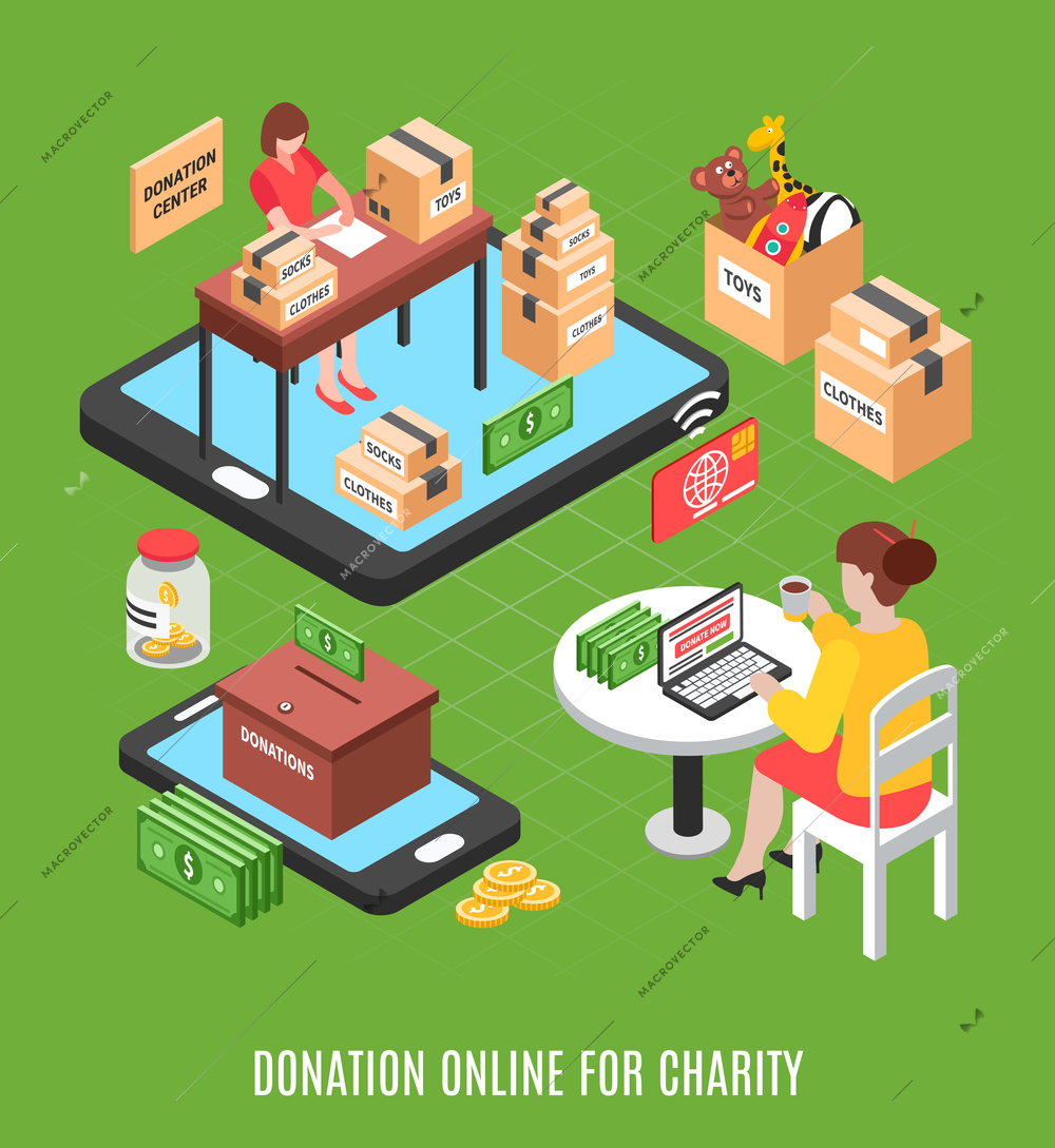 Charity isometric background with young woman making online voluntary donation  through charitable foundation vector illustration