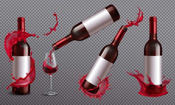 Wine splash realistic set of images on transparent background with jars and drinking glass vector illustration