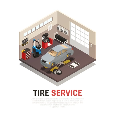 Tire service workshop interior with automobile jacks car tire fitting and balancing equipment isometric vector illustration