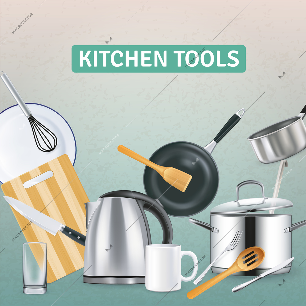 Realistic kitchen supplies with electric kettle and wooden tools on grey textured background vector illustration