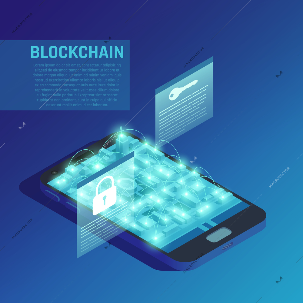 Blockchain composition on blue background demonstrating modern technologies of secure encrypted data transmission isometric vector illustration