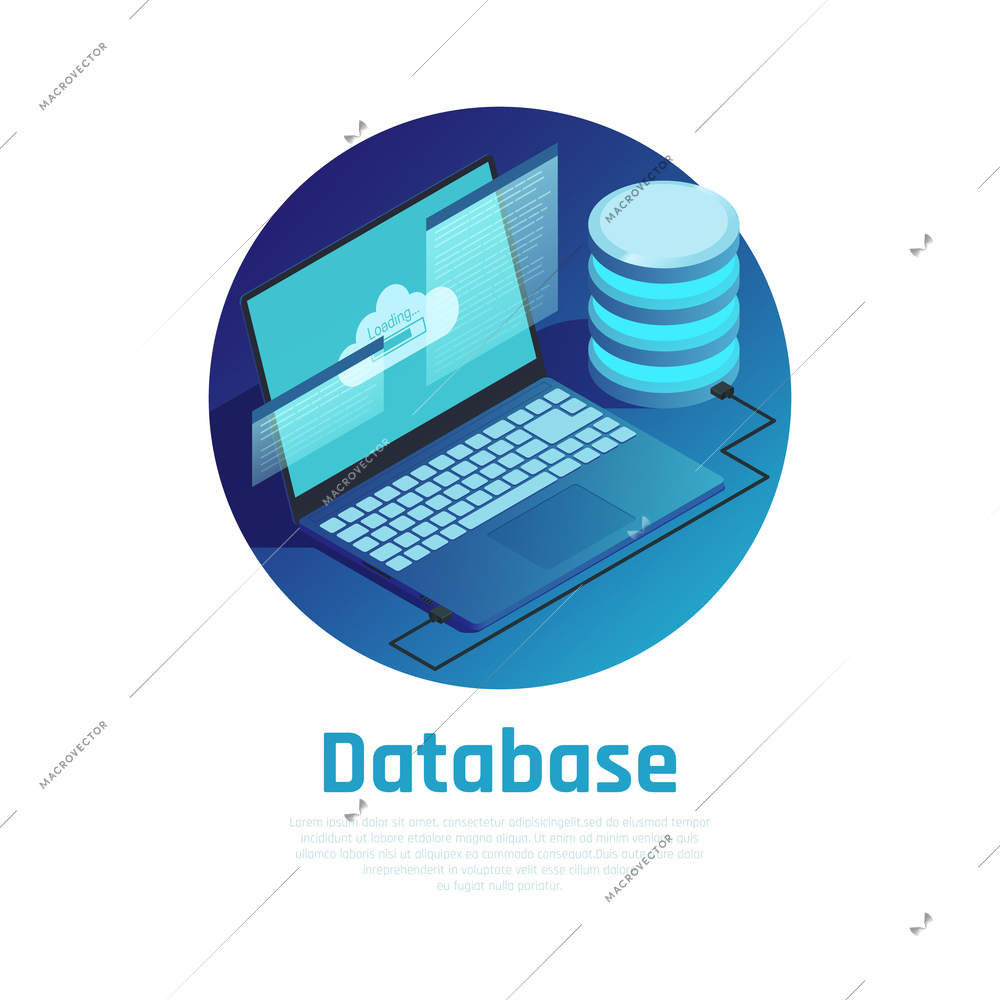 Database blue round design concept with laptop connected to cloud computing network  isometric vector illustration