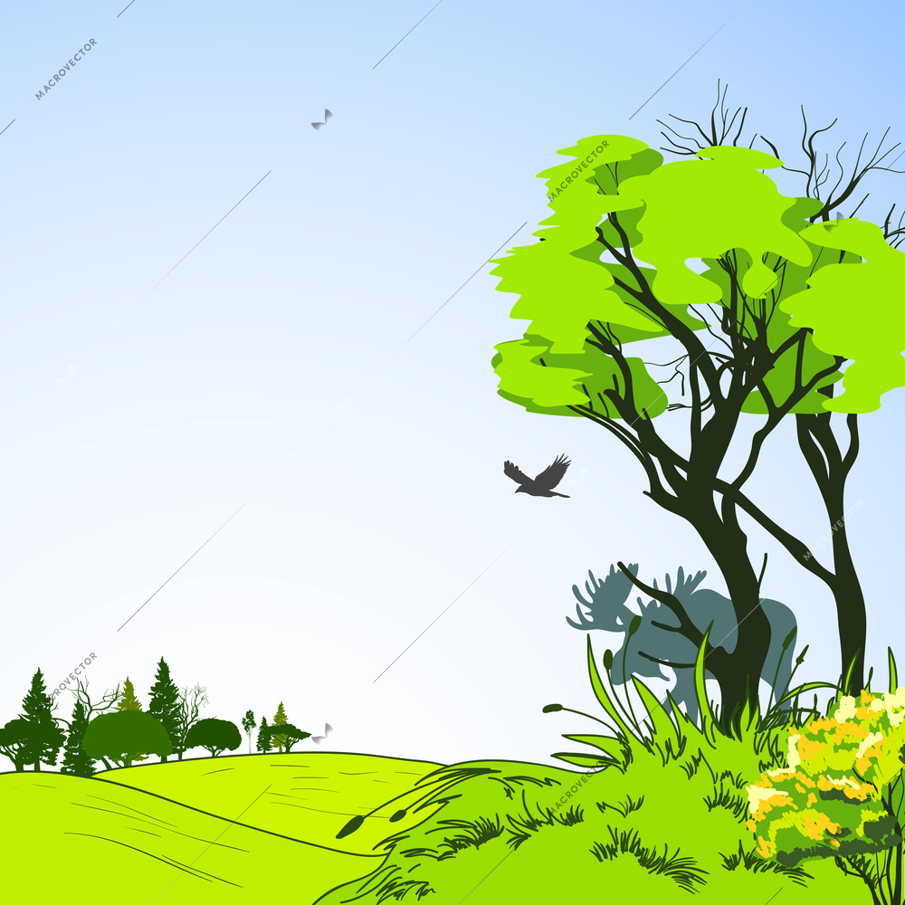 Forest border deciduous foliage tree with green grass meadow background eco poster sketch vector illustration