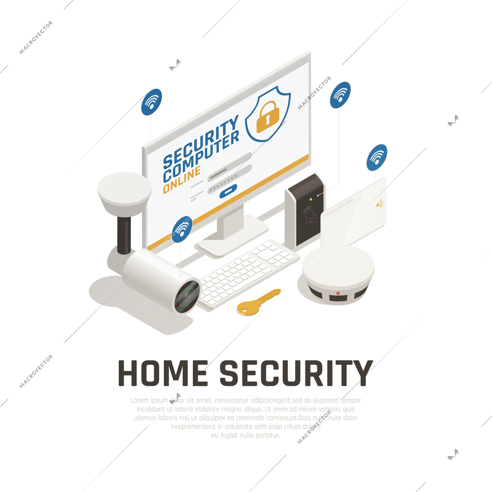 Home security design concept with video surveillance system and fire alarm working online by wifi service isometric vector illustration