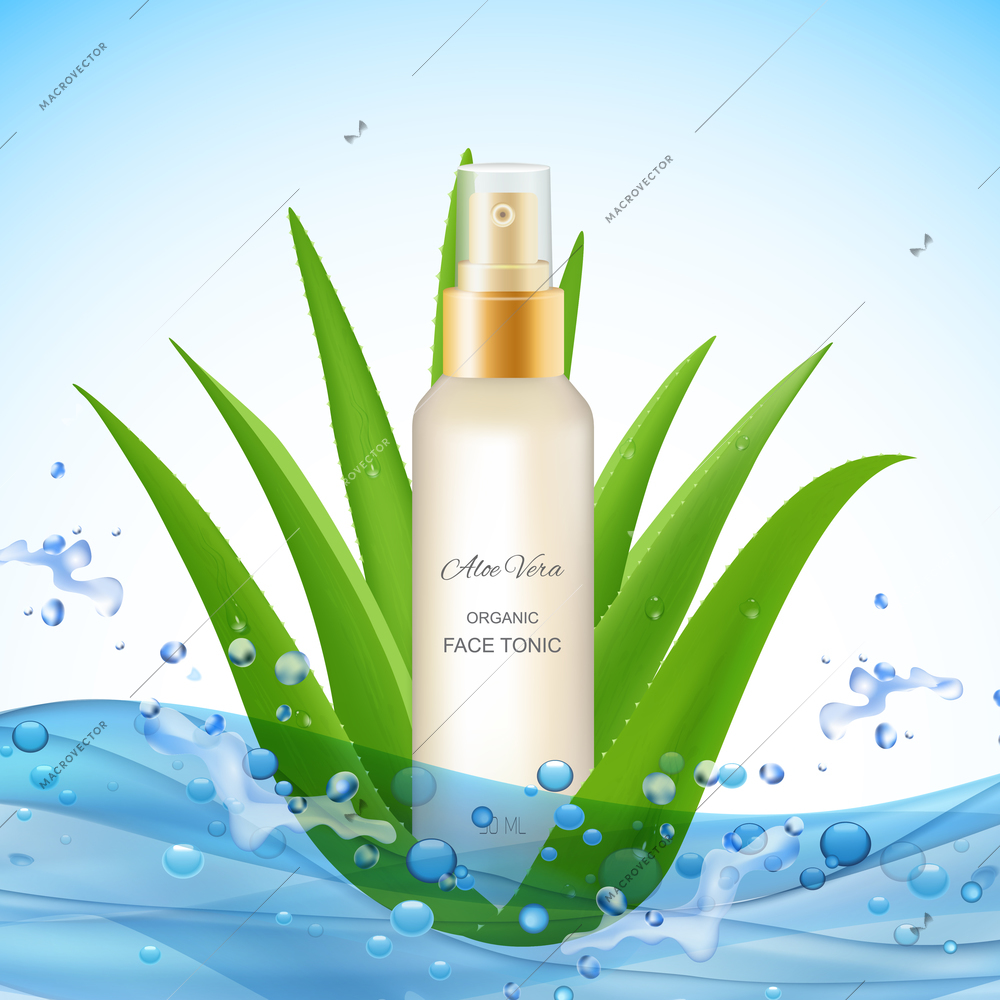 Aloe vera background with water waves drops realistic leaves of plant and organic face tonic package vector illustration