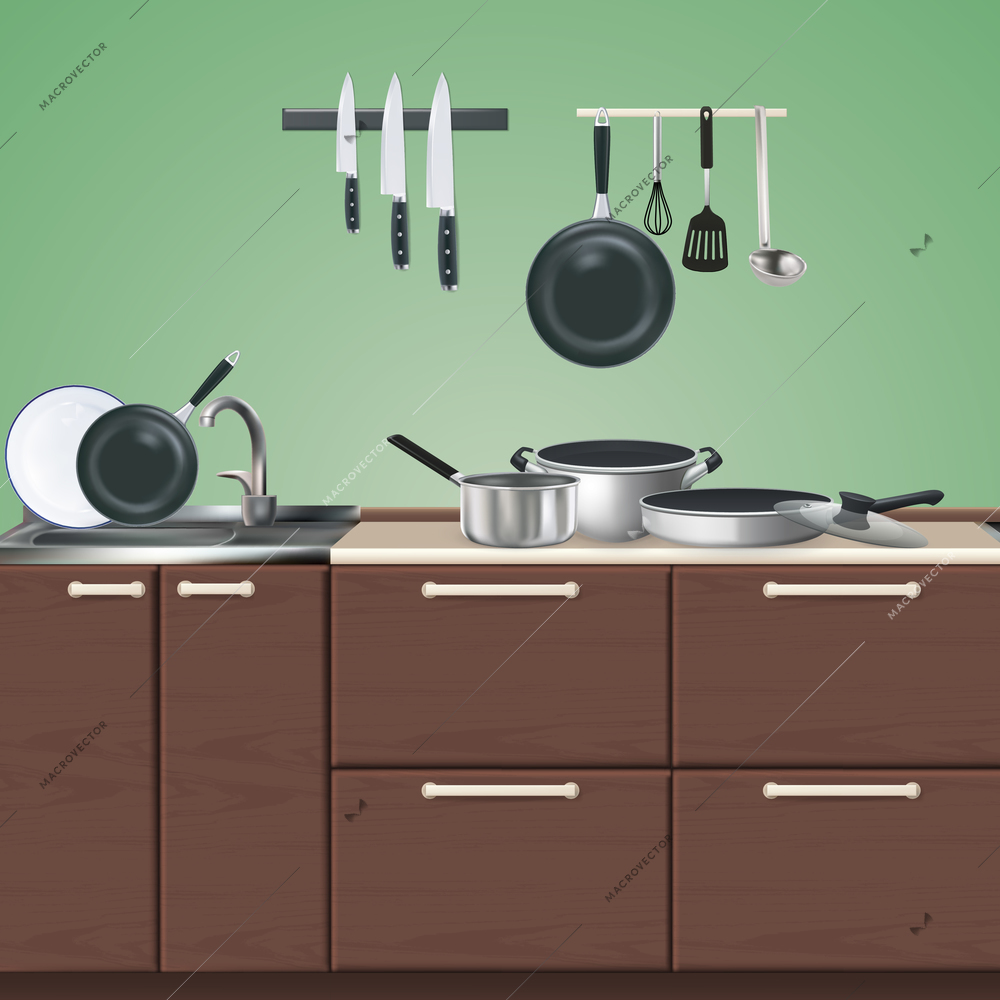 Kitchen brown furniture with realistic culinary utensils on green background 3d vector illustration