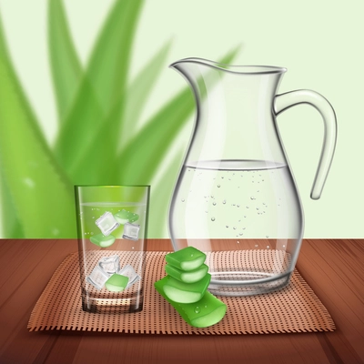 Aloe vera composition with bright water bottle and glass with pieces of natural plant and ice cubes vector illustration