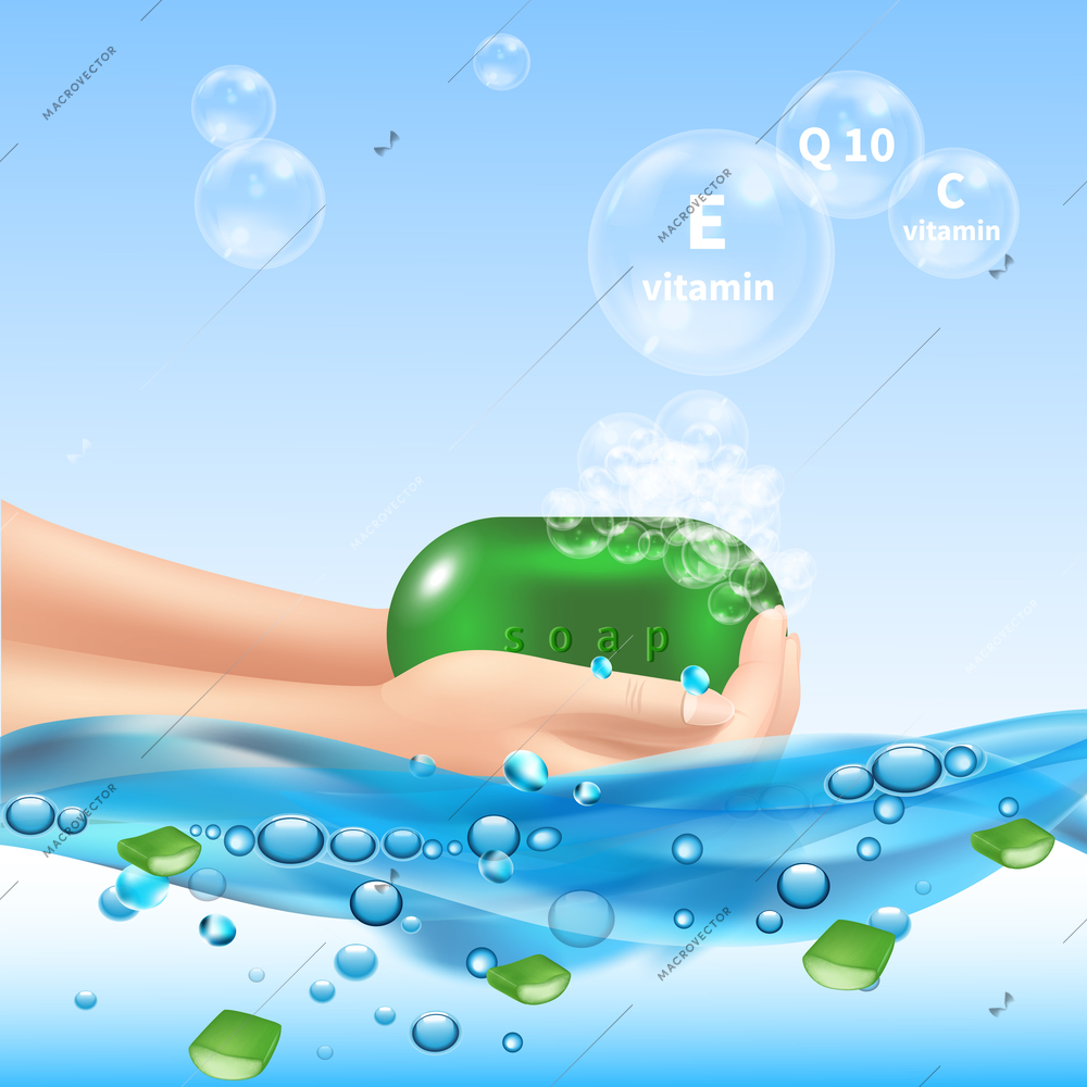 Aloe vera conceptual background with human hands holding soap water drops and bubbles with editable text vector illustration