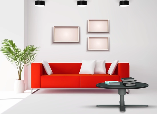 Living room space image with red sofa complemented white black interior details realistic home design vector illustration