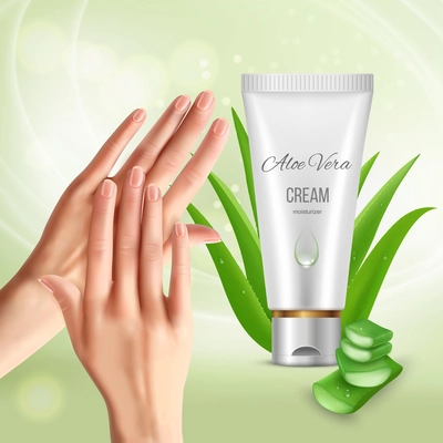 Aloe vera background with human hands inuncting cream moisturizer with images of aloe plant and tube vector illustration