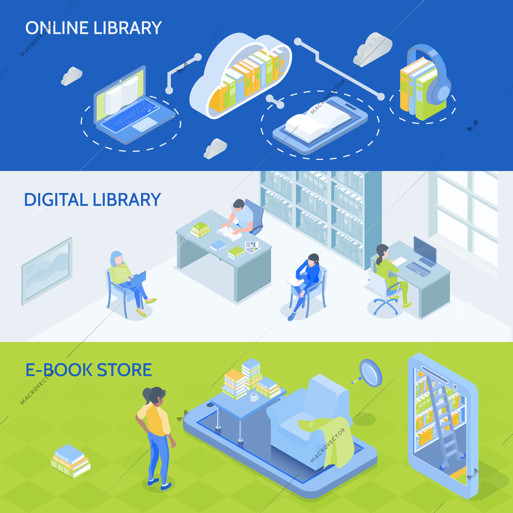 Online digital library en e-book store 3 horizontal isometric banners with cloud download symbol vector illustration